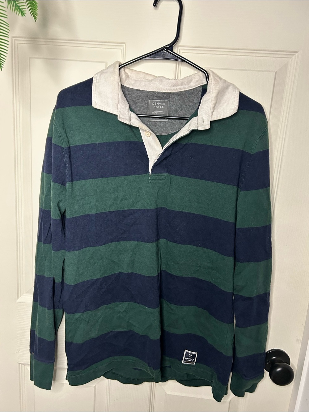 Denver Hayes Long-Sleeve Rugby Polo in Green, Navy & White